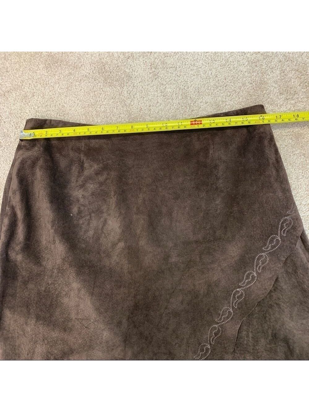 DANIER Leather chocolate brown suede High low asymmetrical embroidered hem skirt - Picture 9 of 11
